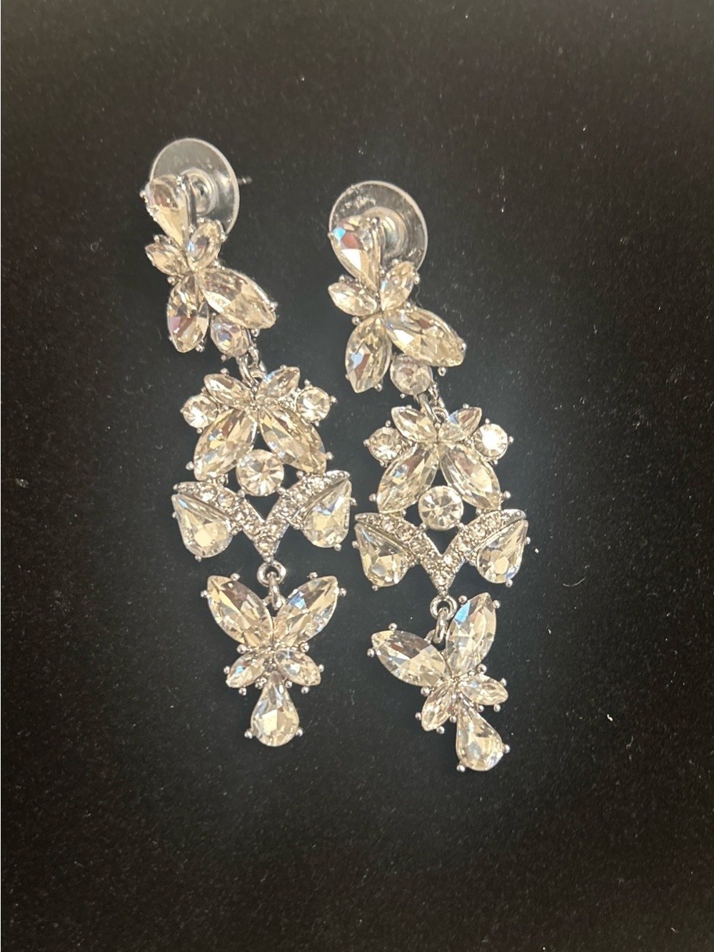 Costume Crystal Drop Floral Statement Earrings - Silver Tone
